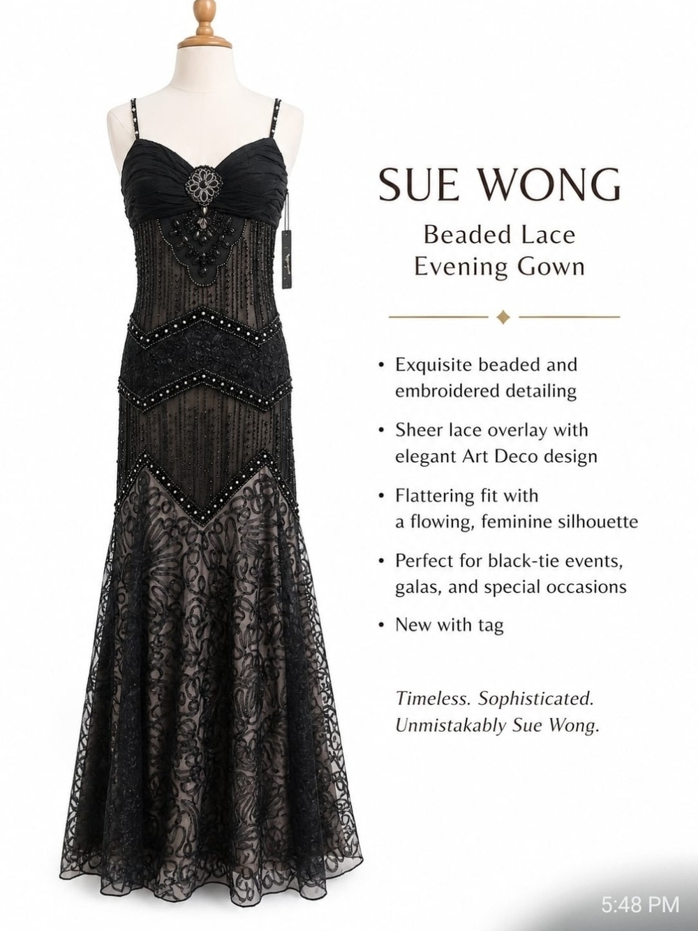 Sue Wong Black Strapless Beaded Lace Evening Gown